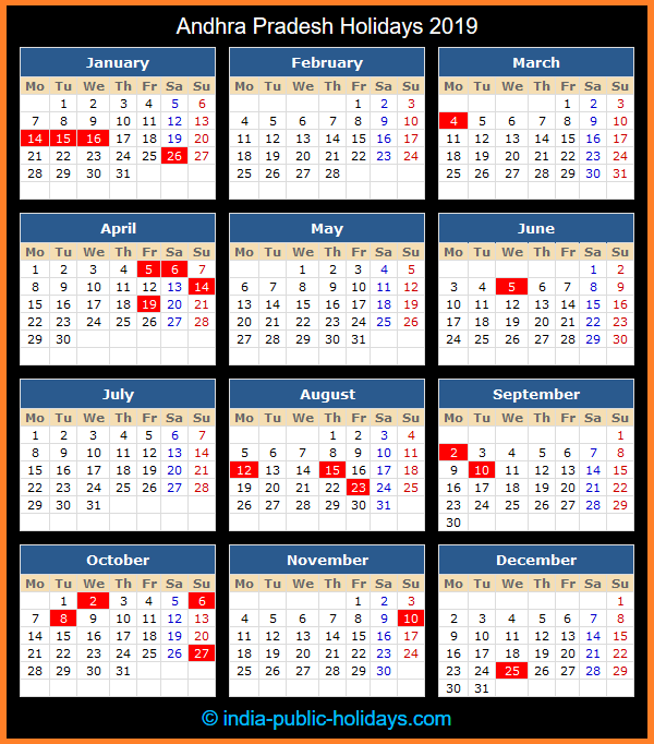 Andhra Pradesh Holiday Calendar 2019